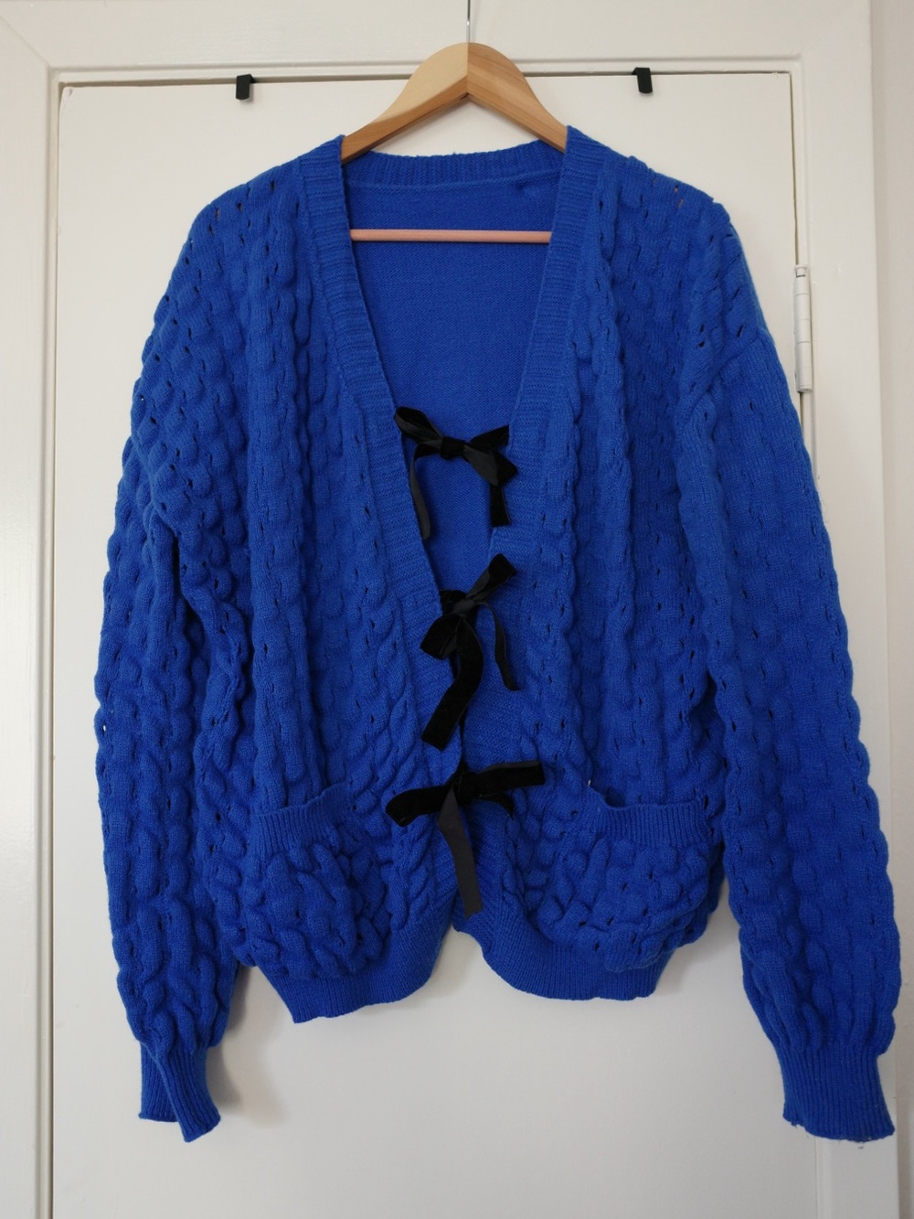 SHEIN Royal Blue Cable Knit Cardigan with Black Ribbon Bows